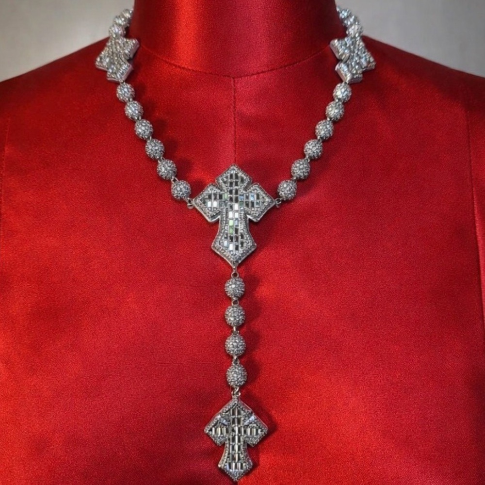 Rosary Y-Drop Necklace - Silver 16inch